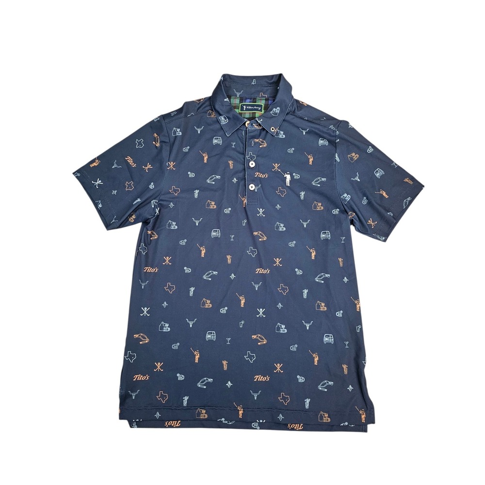 William Murray Golf Titos Vodka Polo Shirt Mens Small Navy Blue Texas Print